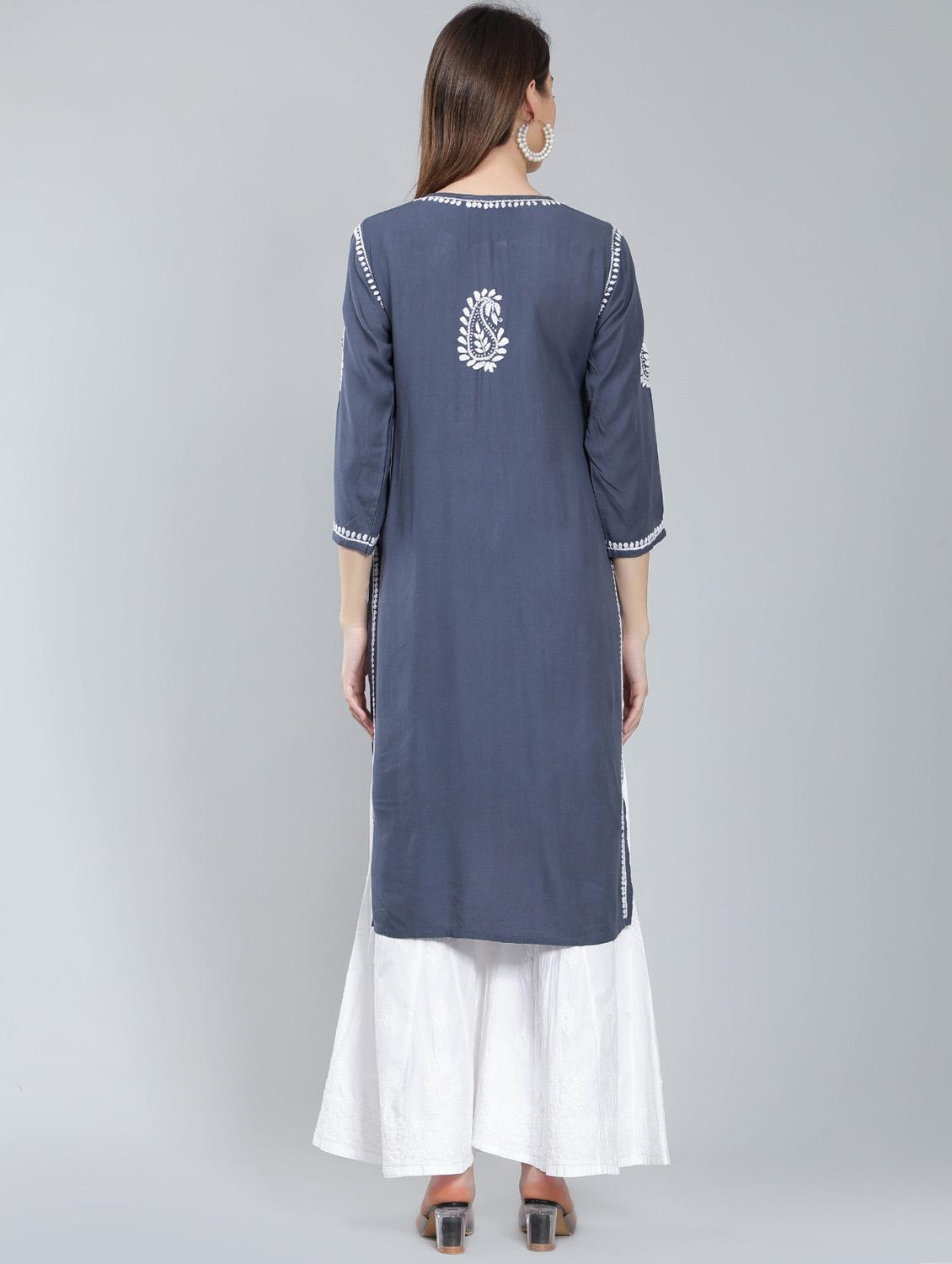 grey chikankari straight kurta - 19631897 - Standard Image - 4
