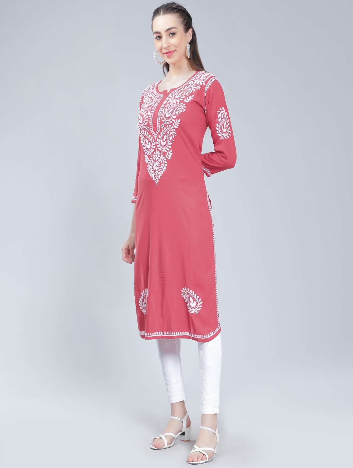 notch neck chikankari straight kurta - 19631900 -  Standard Image - 1