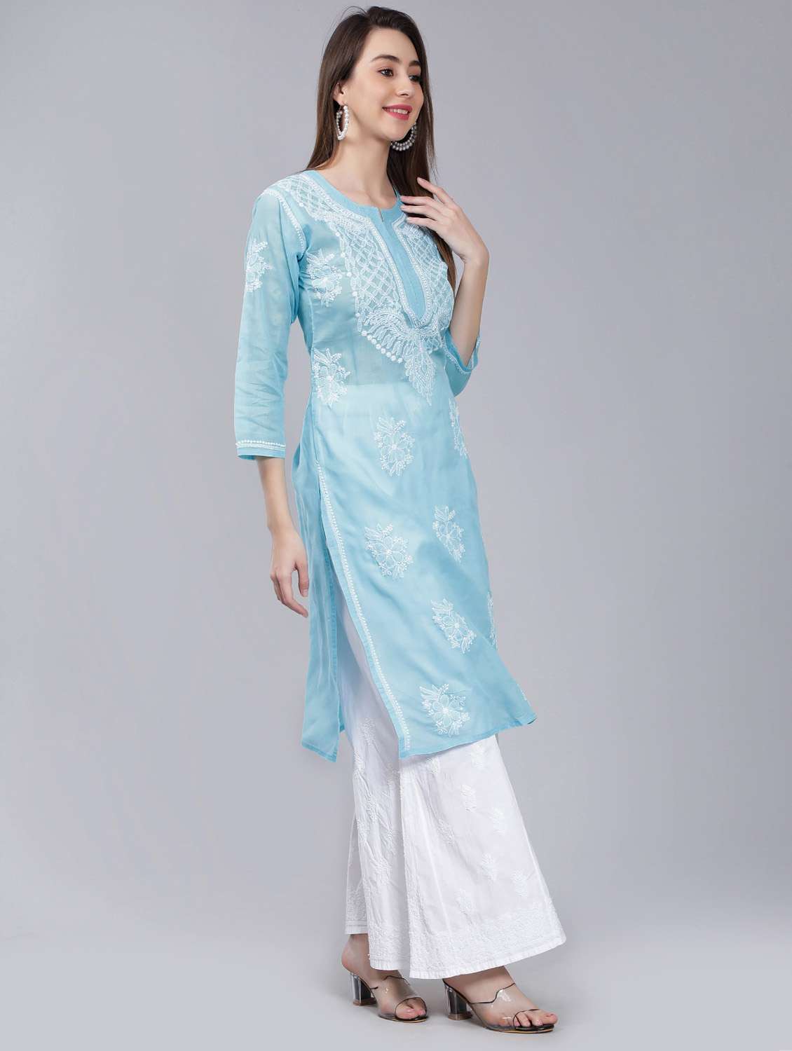 blue chikankari straight kurta - 19631909 -  Standard Image - 1