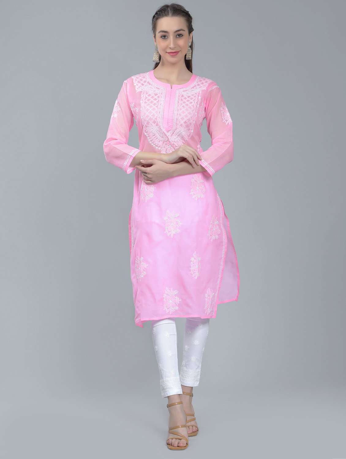 pink chikankari straight kurta