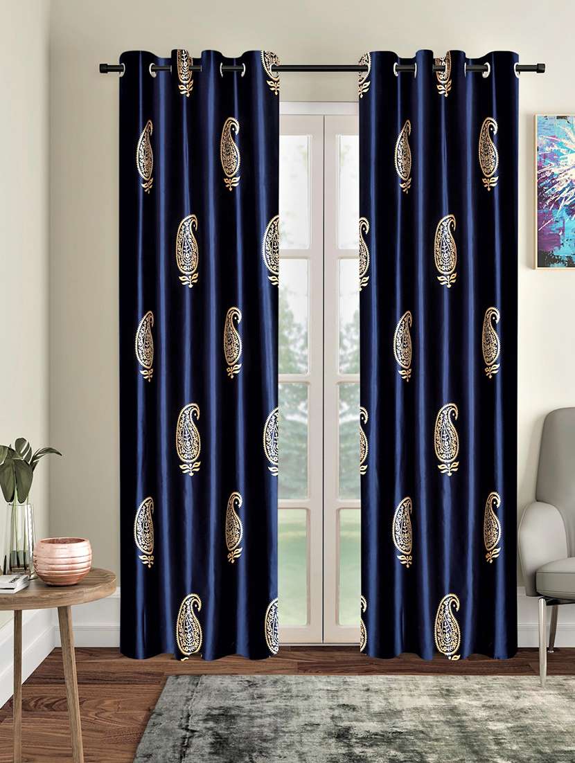 home sizzler 2 pieces hand block gold paisley printed eyelet polyester door curtains-7 feet, blue