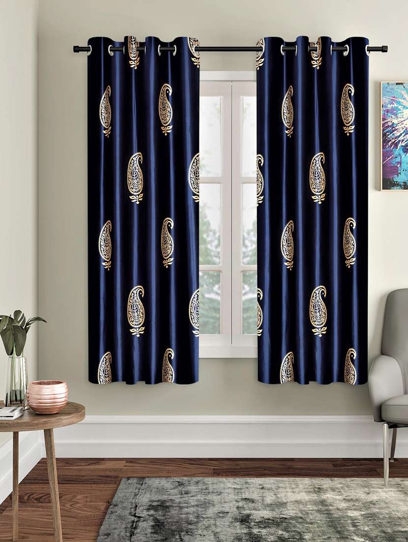 home sizzler 2 pieces hand block gold paisley printed eyelet polyester door curtains-7 feet, blue - 19643296 -  Standard Image - 1