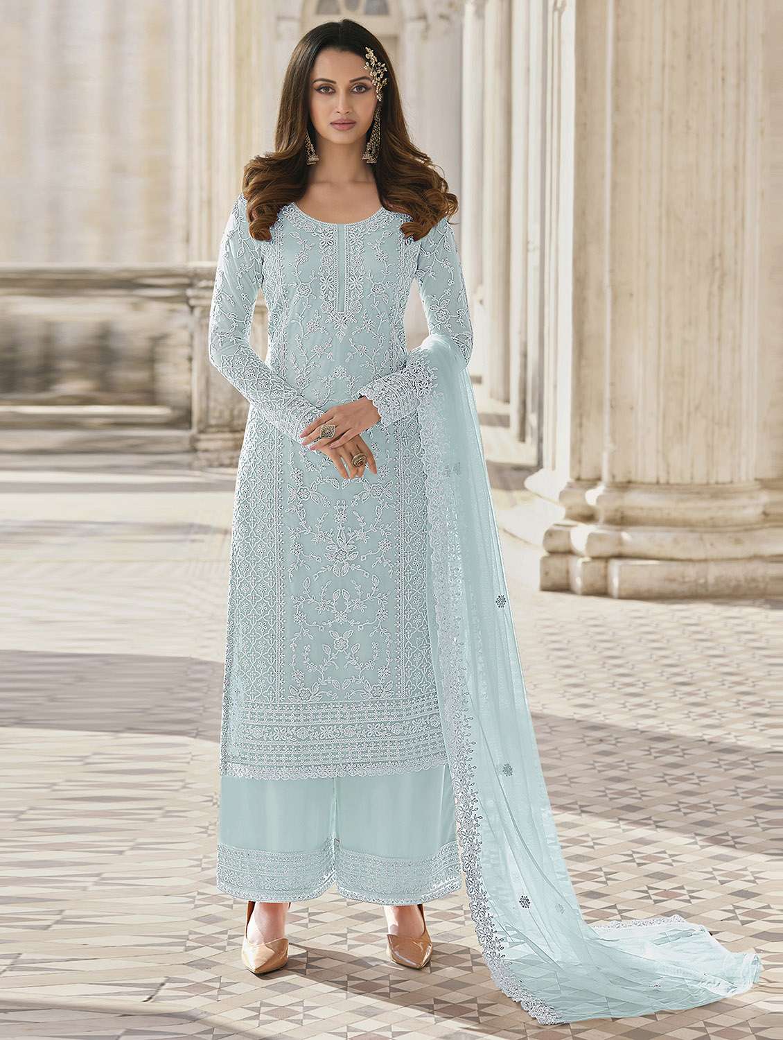 sky blue net semistitched suit