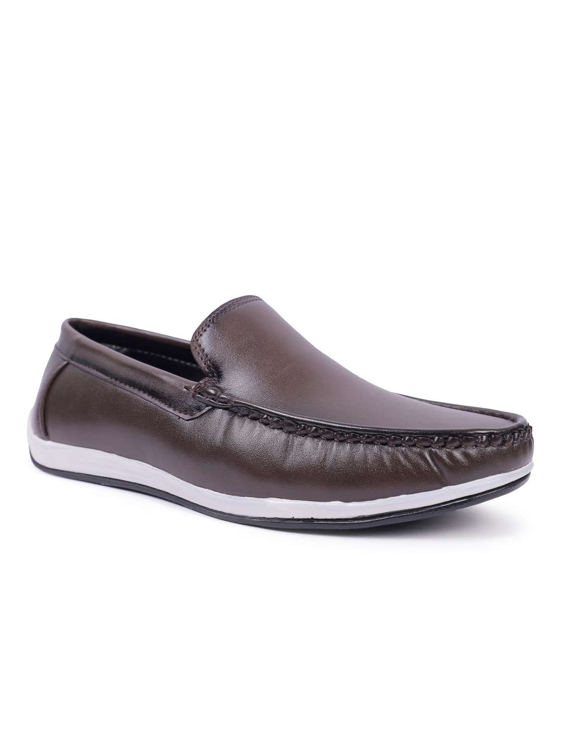 brown artificial leather slip on loafers