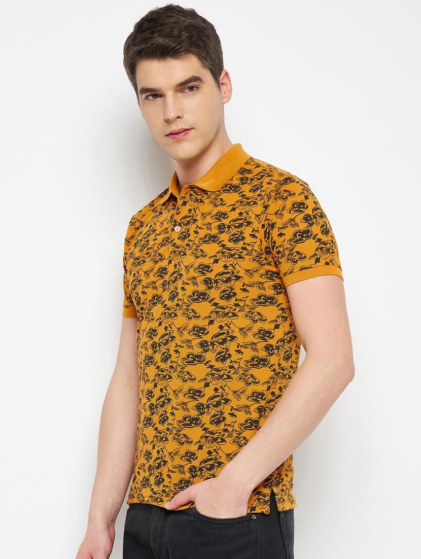 men mustard slim fit floral printed t-shirt