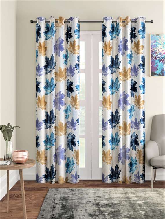 home sizzler 2 pieces 3d maple eyelet polyester door curtains - 7 feet, blue