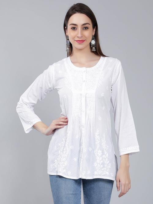 white chikankari straight short kurti - 19646565 -  Standard Image - 0