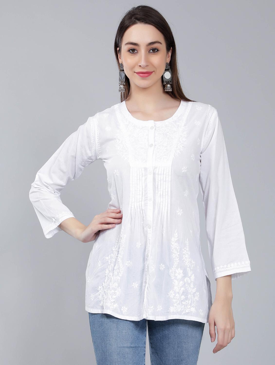 white chikankari straight short kurti - 19646565 -  Zoom Image - 0