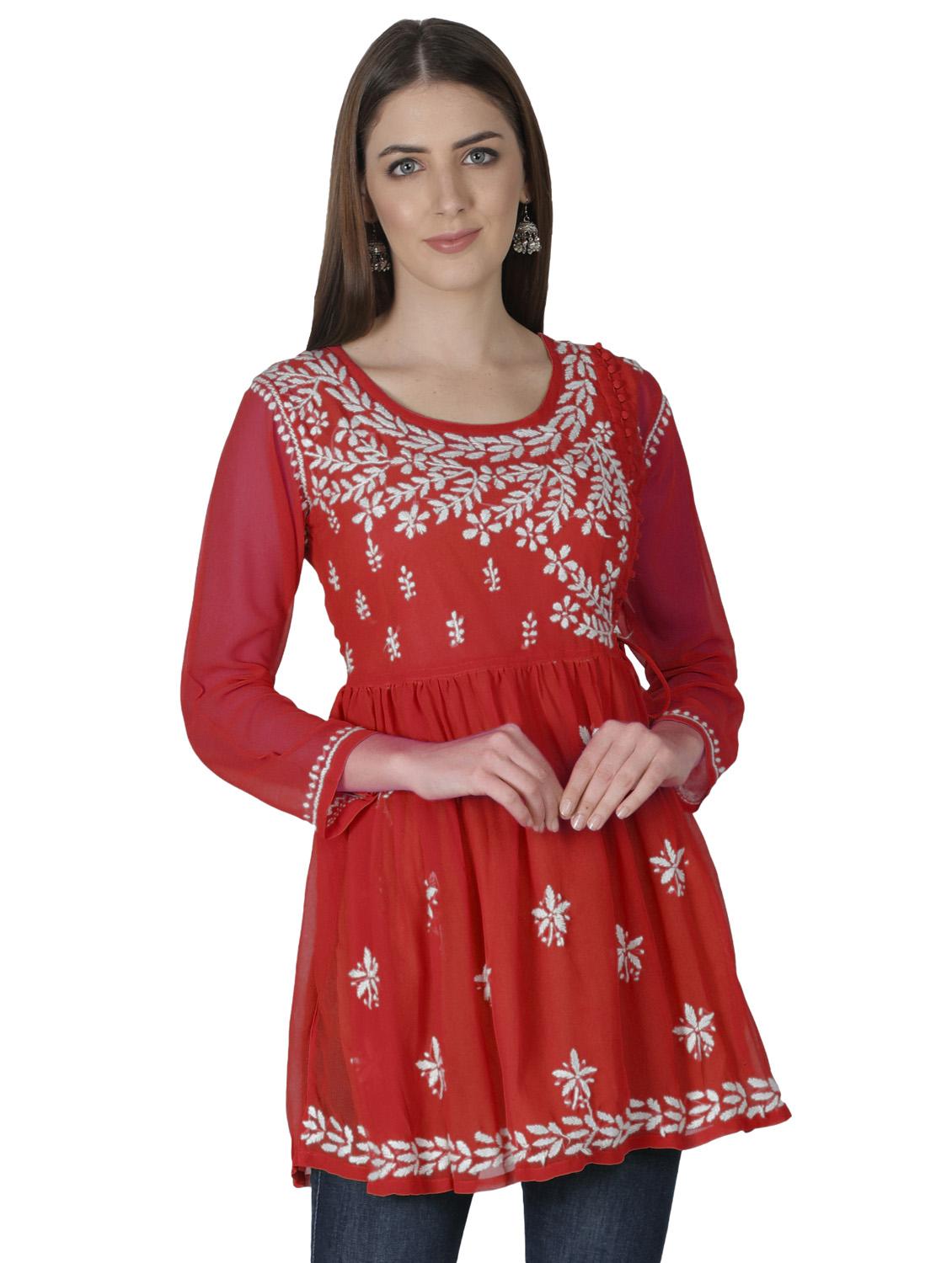 red round neck chikankari georgette short kurti - 19646567 -  Zoom Image - 0
