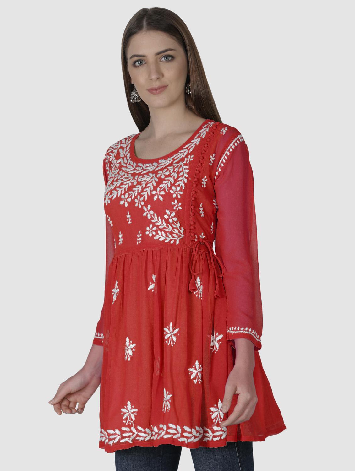 red round neck chikankari georgette short kurti - 19646567 -  Standard Image - 1