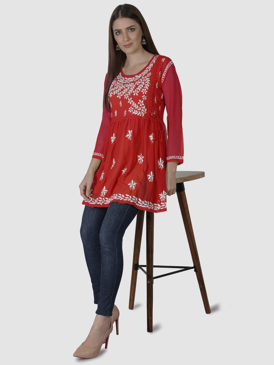 red round neck chikankari georgette short kurti - 19646567 - Standard Image - 4