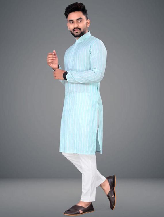 light blue striped long kurta - 19646573 - Standard Image - 1