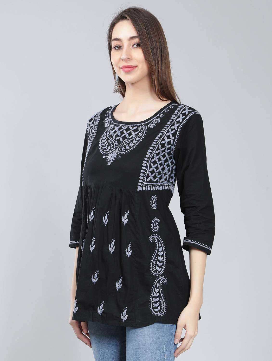 round neck chikankari cotton short kurti - 19647164 -  Standard Image - 1