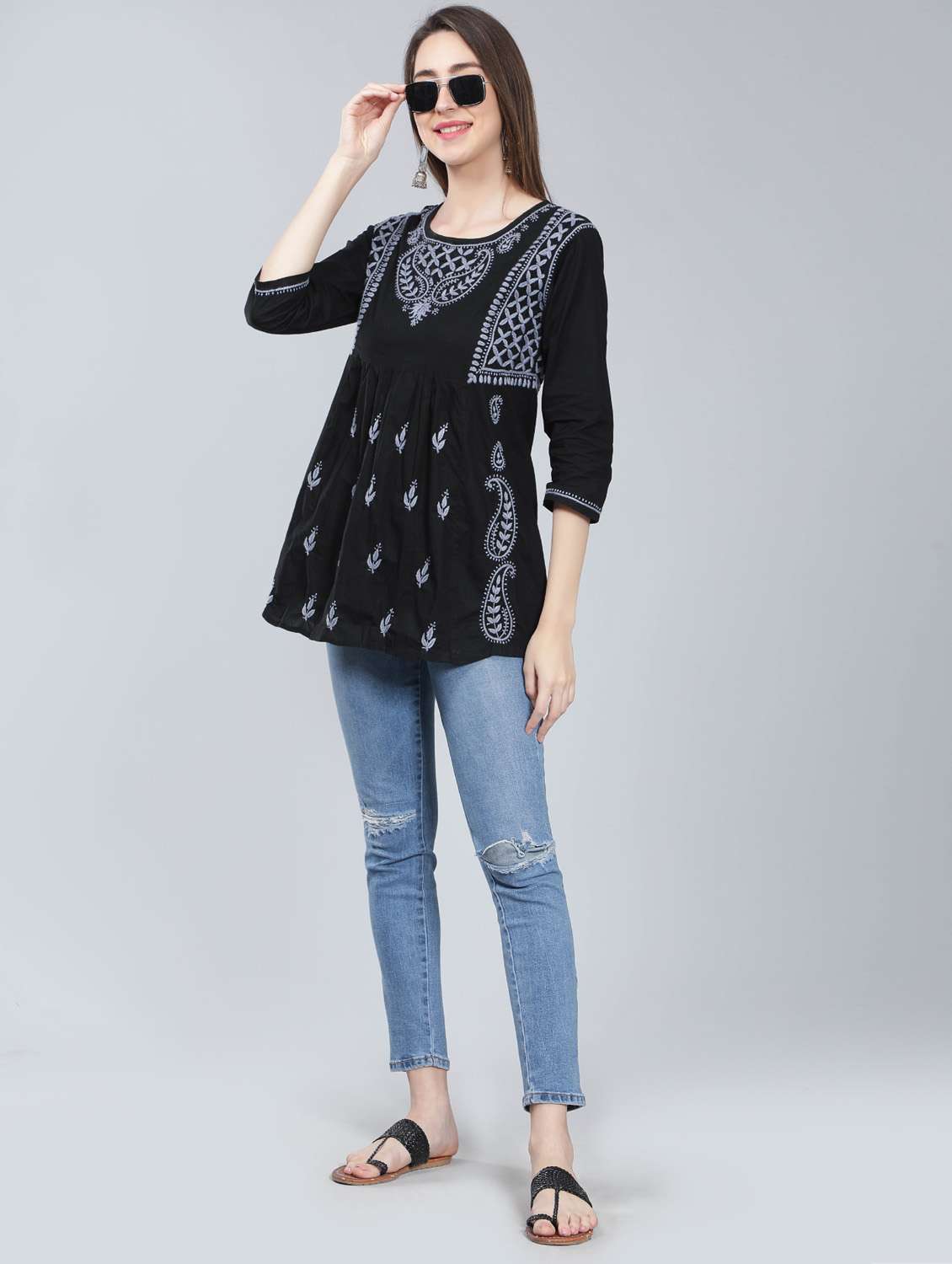 round neck chikankari cotton short kurti - 19647164 -  Standard Image - 4