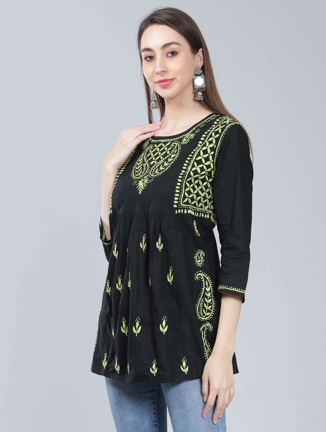 round neck chikankari cotton short kurti - 19647167 -  Standard Image - 1