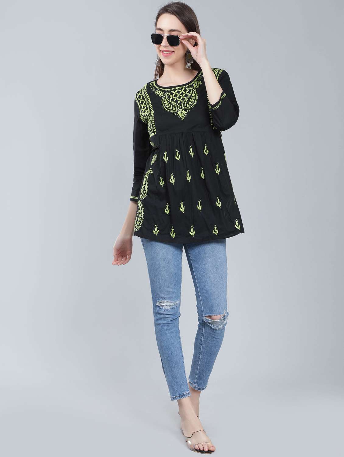 round neck chikankari cotton short kurti - 19647167 -  Standard Image - 4
