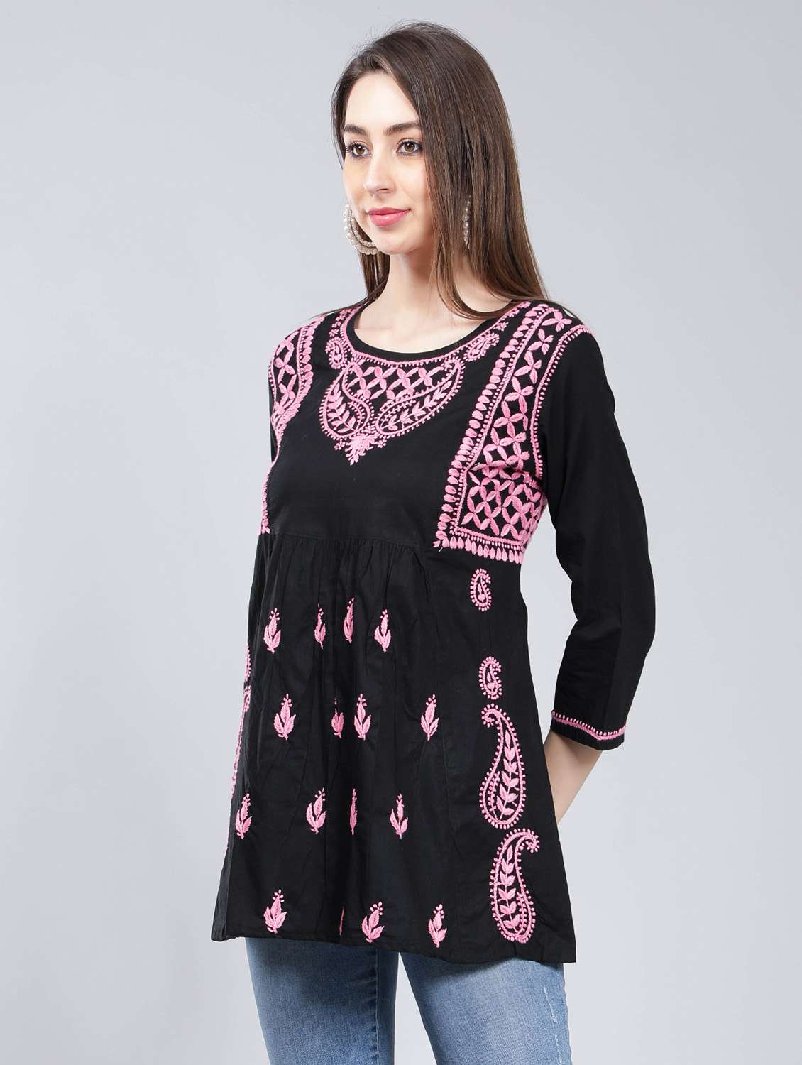 round neck chikankari cotton short kurti - 19647168 -  Standard Image - 1