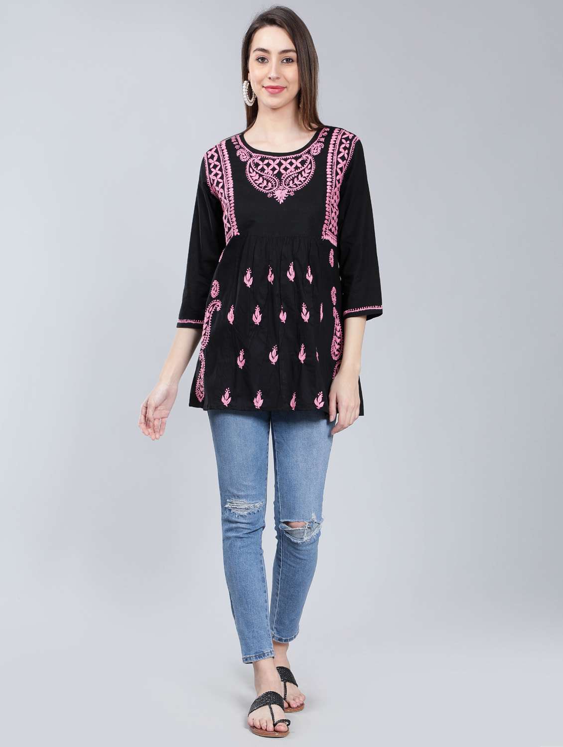 round neck chikankari cotton short kurti - 19647168 -  Standard Image - 4