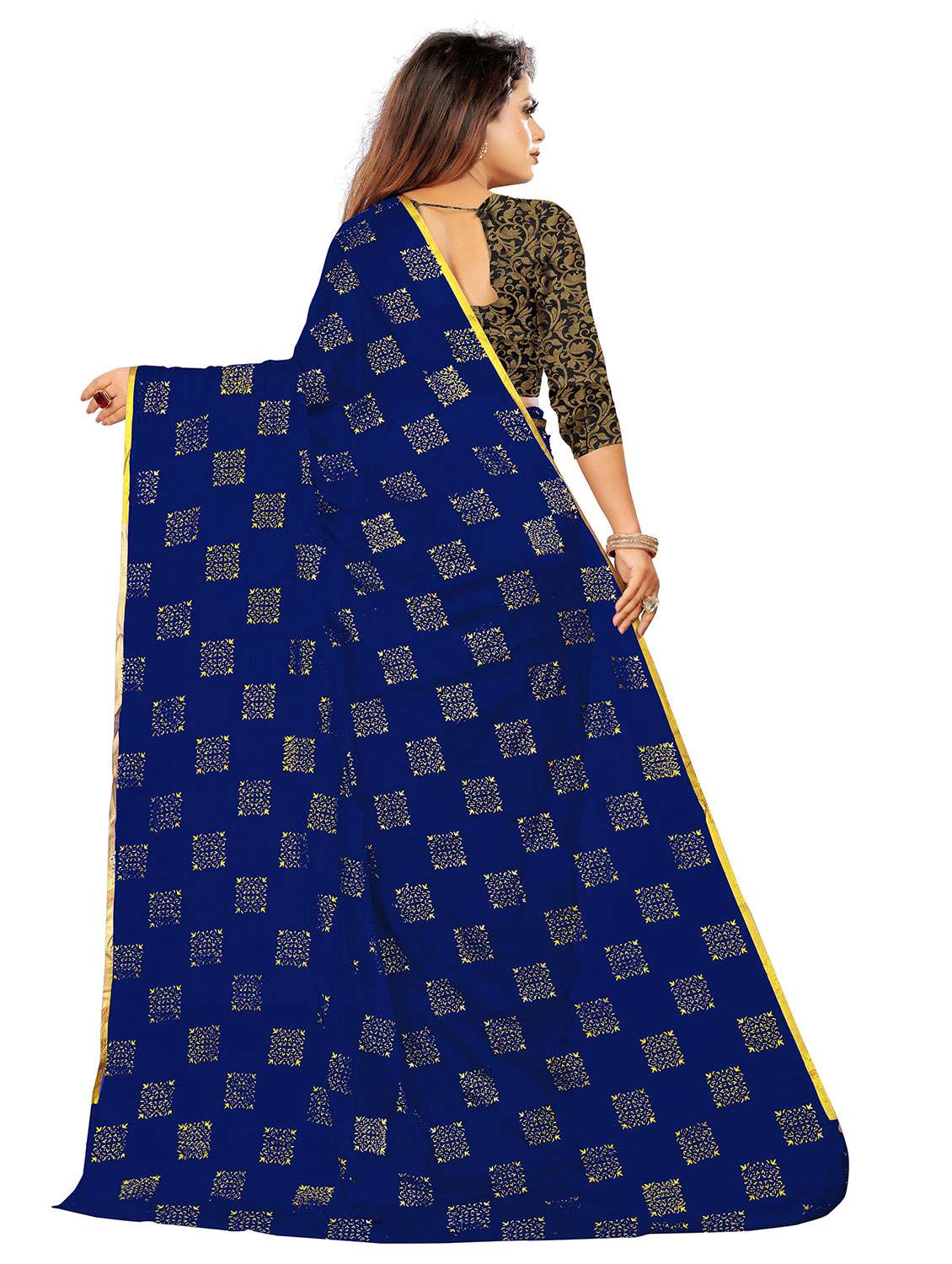 women's gold print navy blue colored saree with blouse - 19648678 -  Standard Image - 1