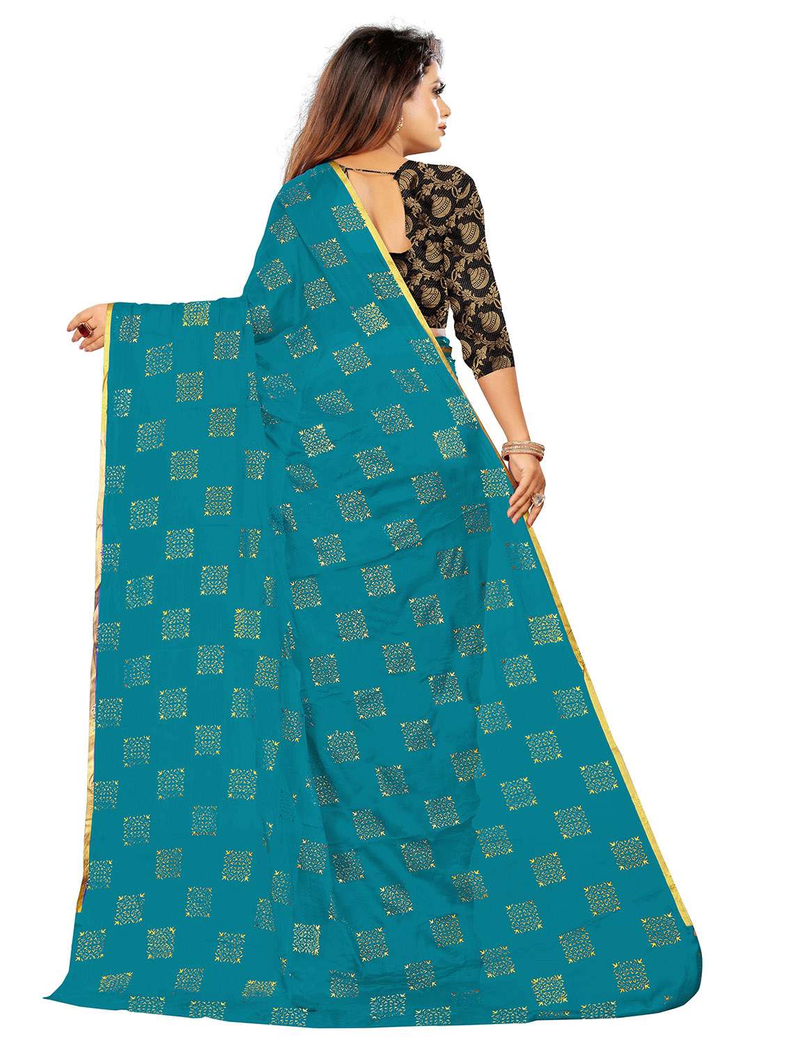 women's foil print turquoise colored saree with blouse - 19648705 -  Standard Image - 1