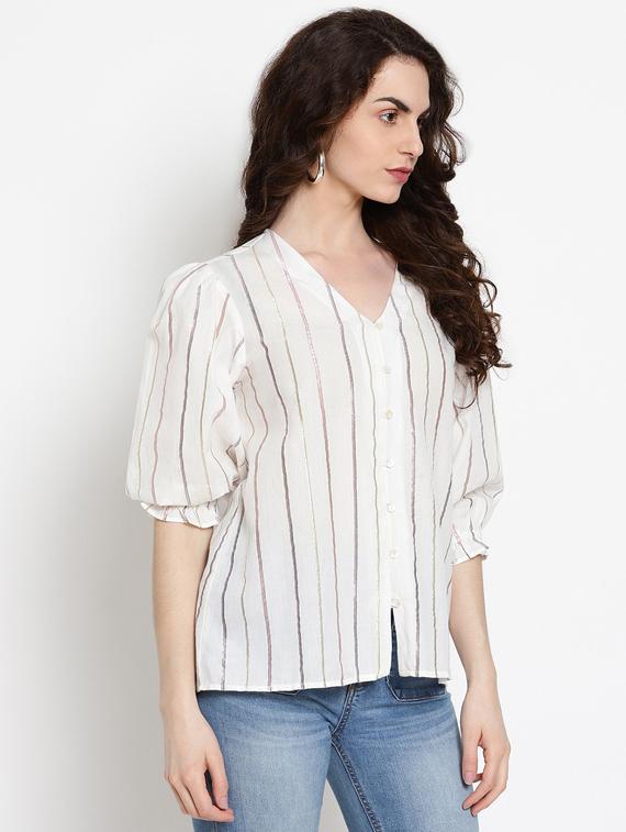 puff sleeves v neck striped regular top - 19650683 -  Standard Image - 1