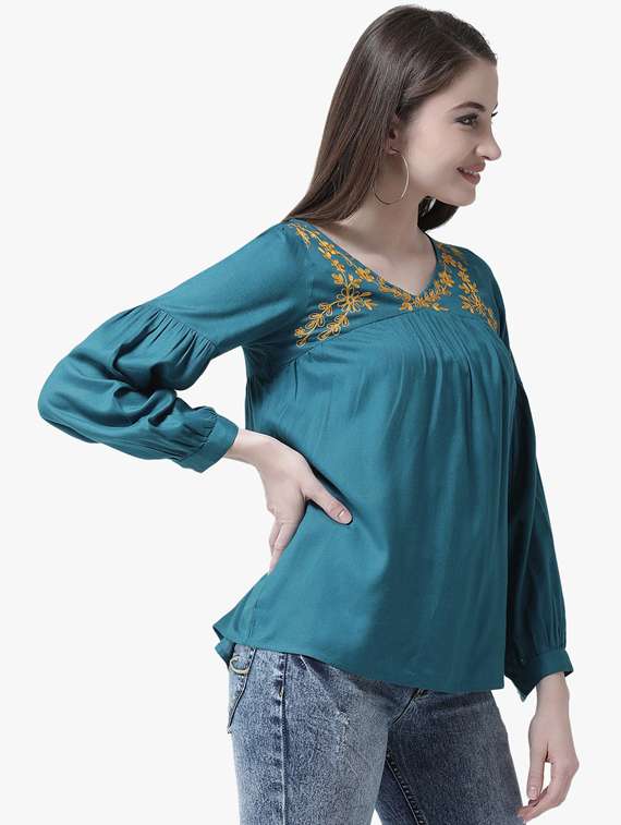 teal self design v neck top - 19650699 - Standard Image - 1