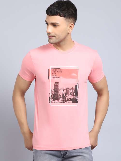 men front print round neck slim fit t-shirt - 19656879 - Standard Image - 0
