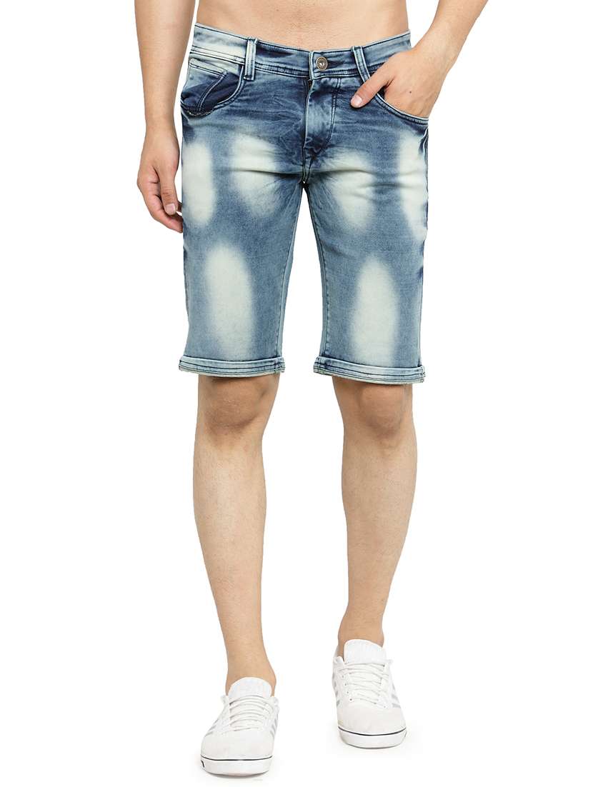 blue solid washed denim casual short