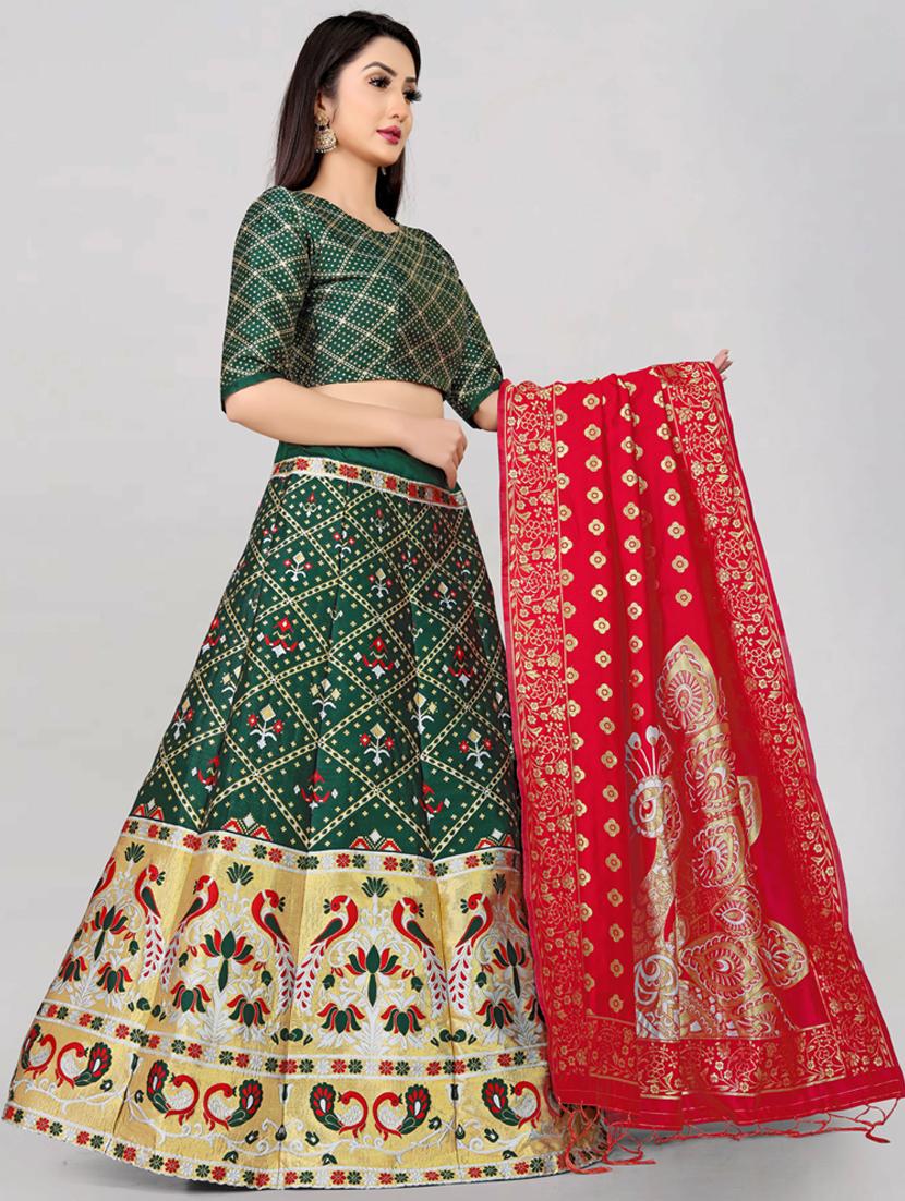 bottle green cotton blend flared lehenga - 19661460 - Standard Image - 1