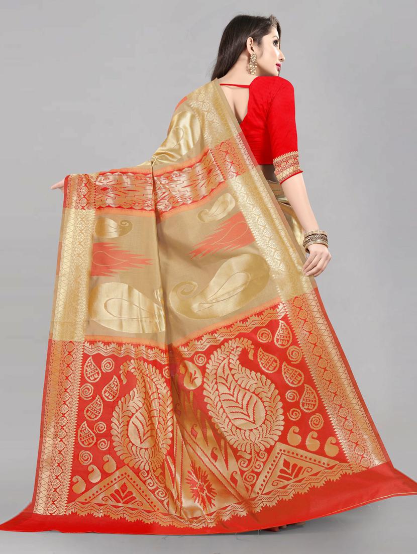 foil print woven golden saree with blouse - 19662004 - Standard Image - 1