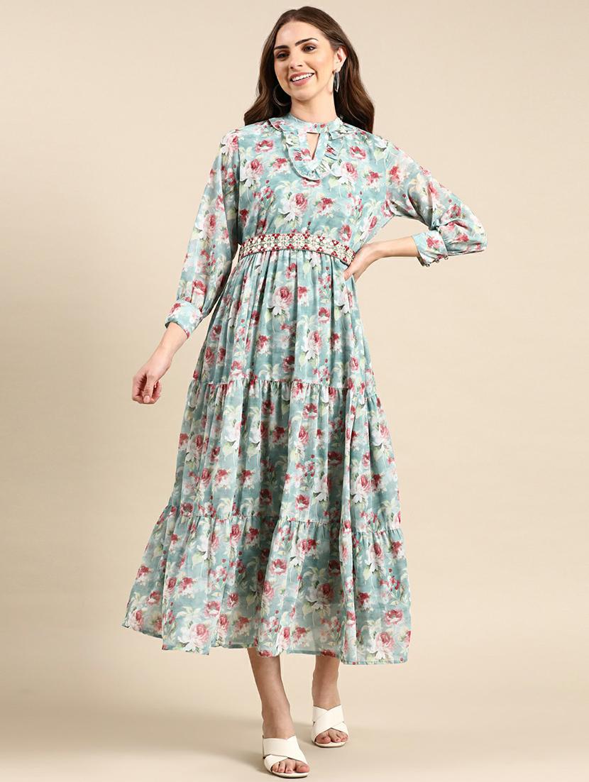 keyhole neck printed tiered dress