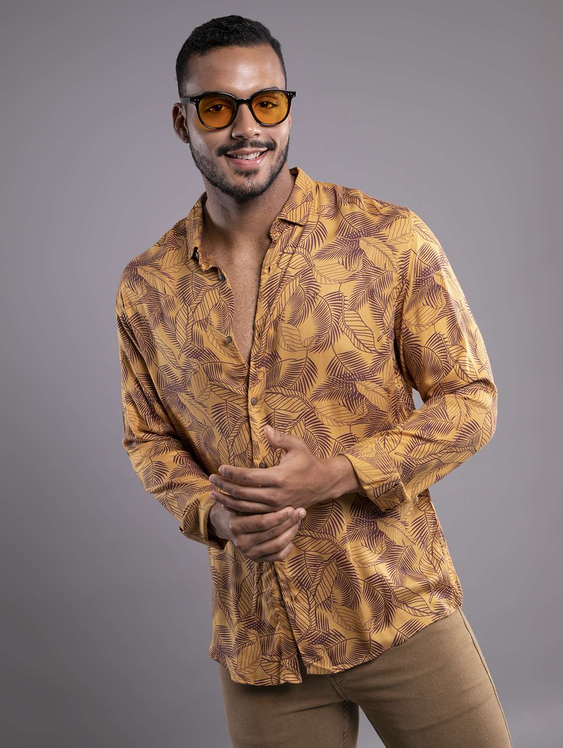 men yellow regular fit leaf printed casual shirt