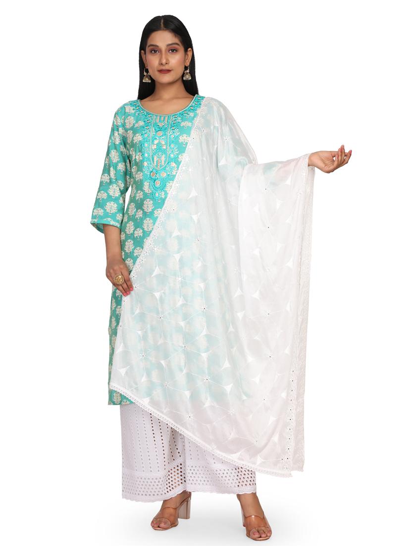 white self design mirror work embroidered dupatta - 19662943 -  Zoom Image - 0