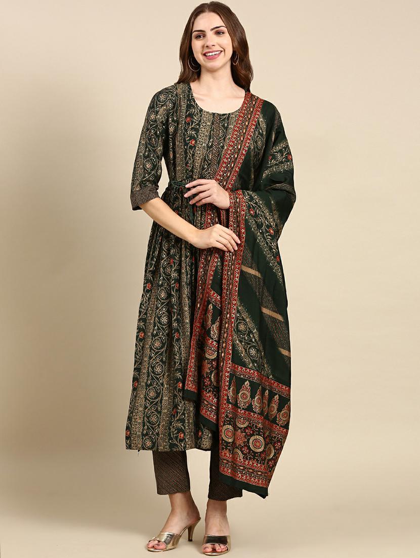 women green printed kurta pant set with dupatta - 19664930 -  Zoom Image - 0