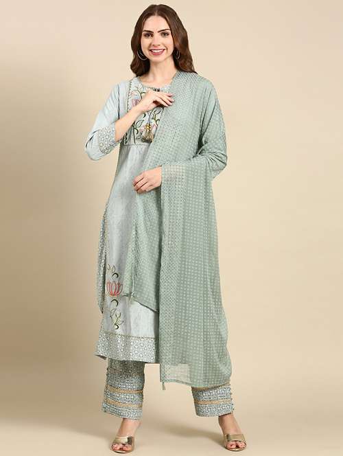 women grey self design kurta pant set with dupatta - 19664934 - Standard Image - 0