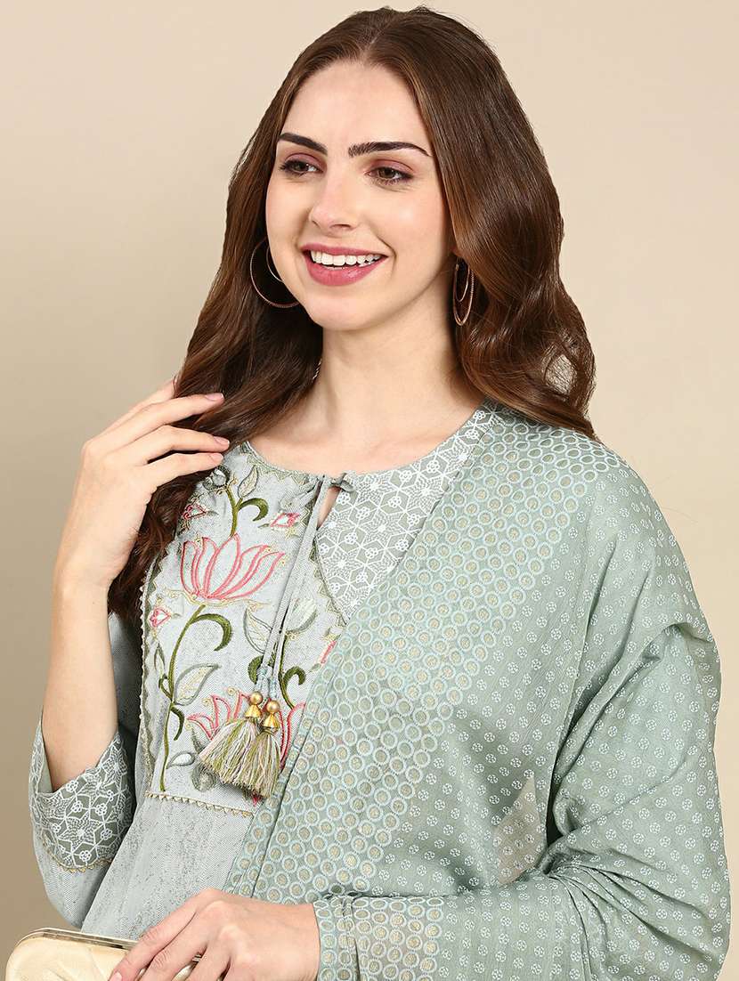 women grey self design kurta pant set with dupatta - 19664934 - Standard Image - 1