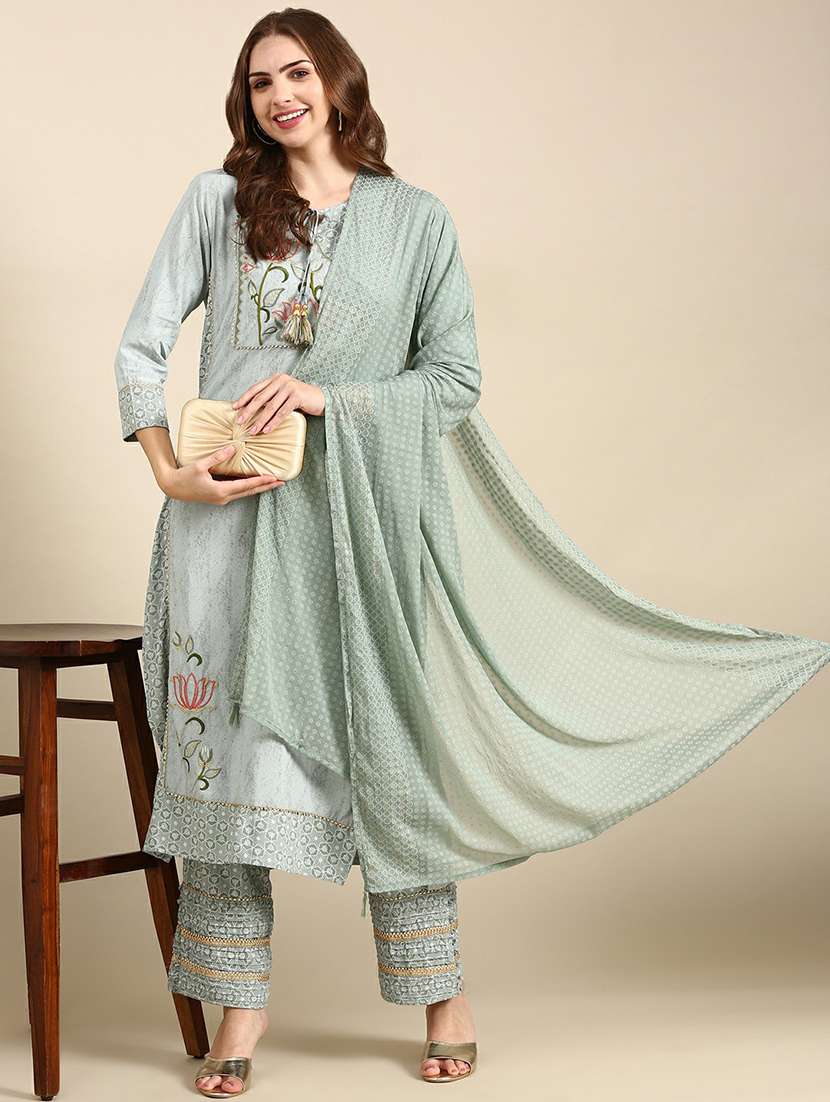 women grey self design kurta pant set with dupatta - 19664934 - Standard Image - 4