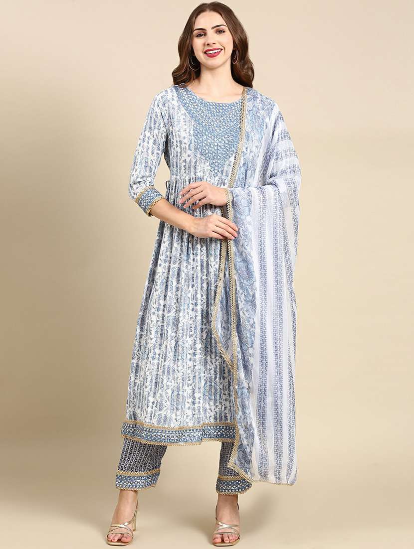 women printed round neck kurta pant set with dupatta