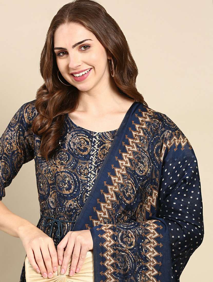 women navy blue printed kurta pant set with dupatta - 19664949 -  Standard Image - 1