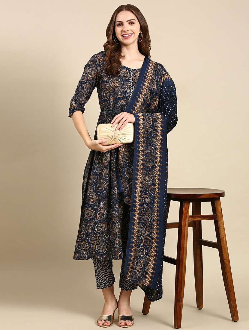 women navy blue printed kurta pant set with dupatta - 19664949 -  Standard Image - 4