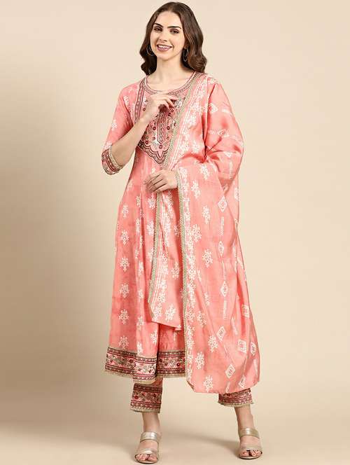 women printed round neck kurta pant set with dupatta