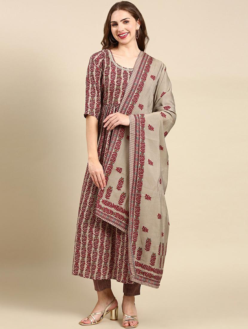 women printed round neck kurta pant set with dupatta - 19664964 -  Zoom Image - 0