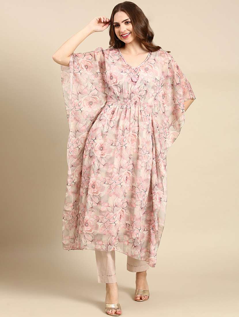 women floral printed v neck kaftan set