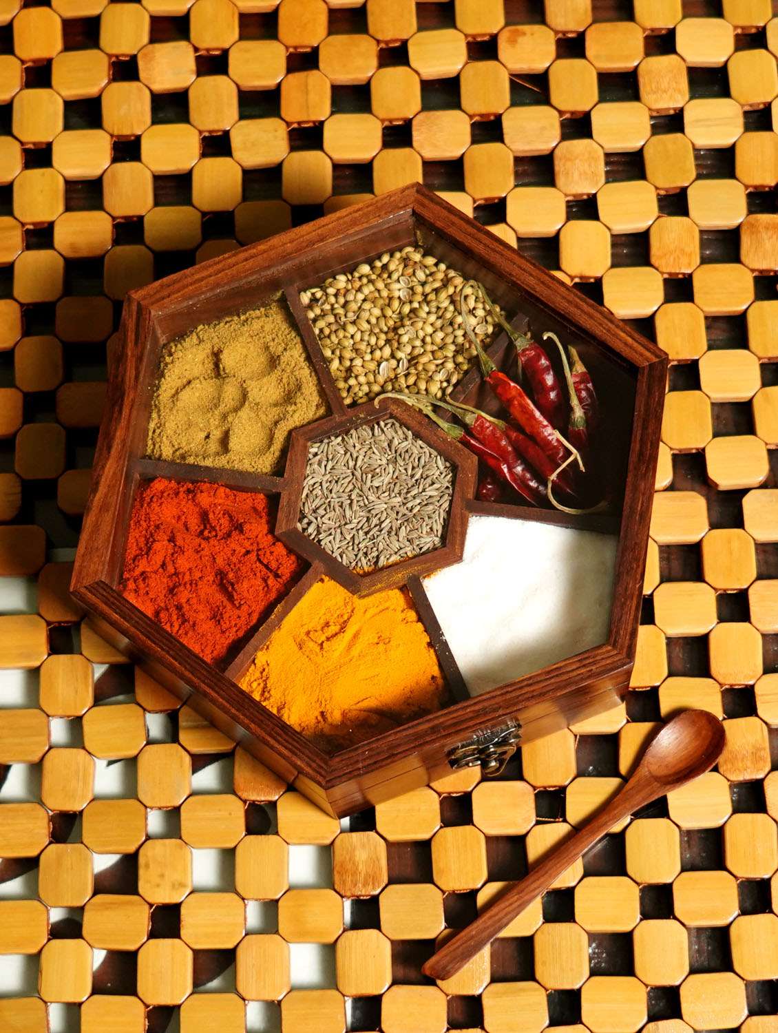 freakway sheesham hexagonal wooden spice box