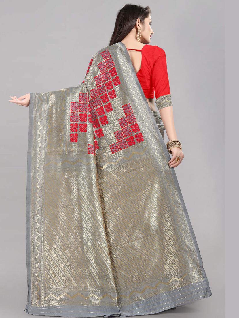 red silk blend banarasi saree with blouse - 19666538 -  Standard Image - 1