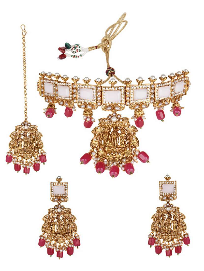 matushri art indian traditional necklace with earrings and maang tikka