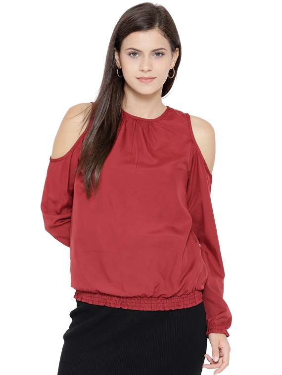 women round neck cold shoulder solid top