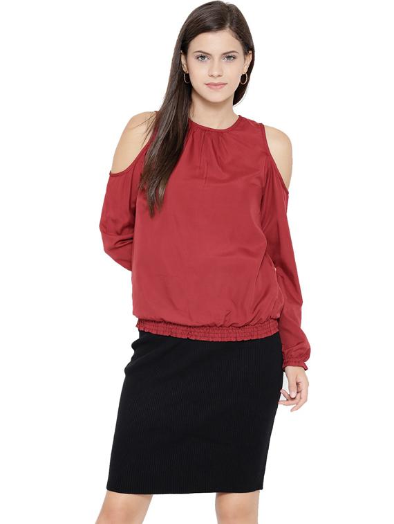 women round neck cold shoulder solid top - 19669138 - Standard Image - 1