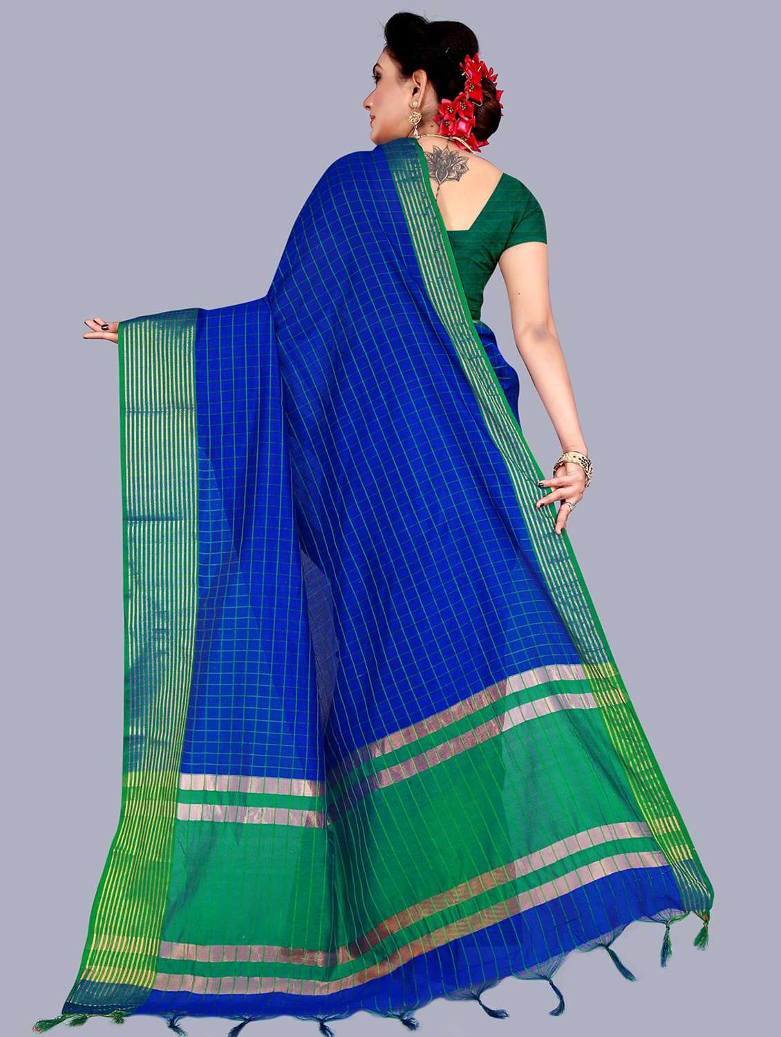 women's checks royal blue colored saree with blouse - 19672450 -  Standard Image - 1