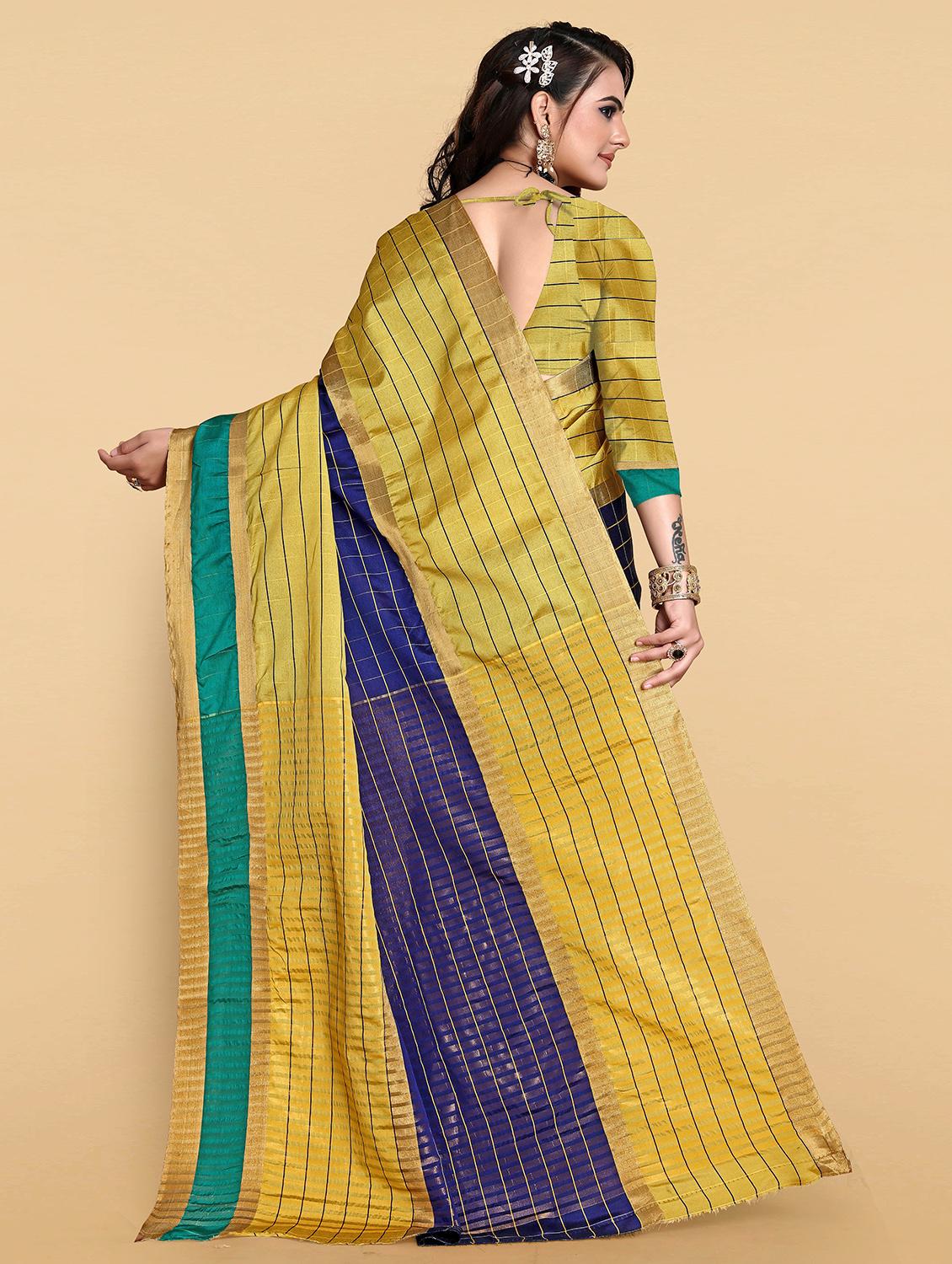 women's stripes yellow colored saree with blouse - 19672494 -  Standard Image - 1